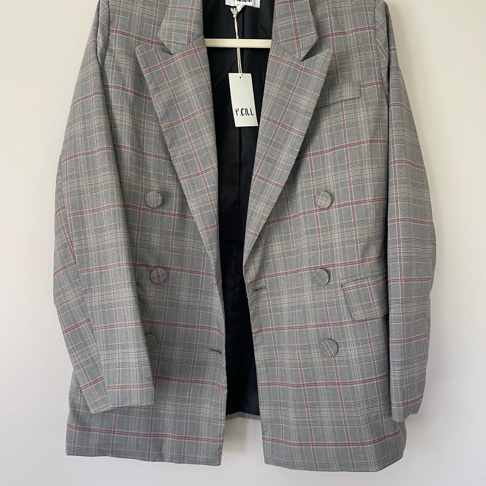Gray Plaid Double-Breasted Blazer